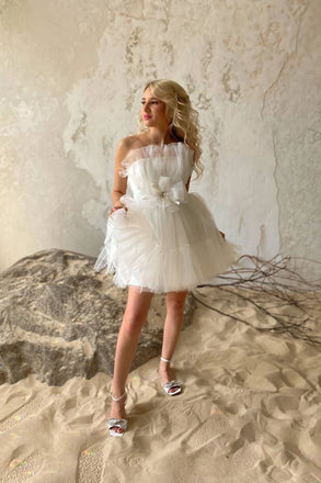 A Line Ivory Strapless Tulle Short Prom Dresses, Mini Homecoming Dress with Belt OMH0210