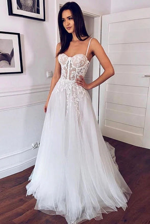 Simple A Line Spaghetti Straps Ivory Lace Appliques Wedding Dress, Tulle Bridal Dress OW0082