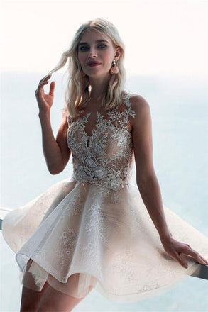 Puffy A line Ivory Lace Appliques Tulle Mini Graduation Dresses, Homecoming Dresses OMH0015