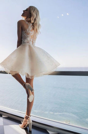 Puffy A line Ivory Lace Appliques Tulle Mini Graduation Dresses, Homecoming Dresses OMH0015