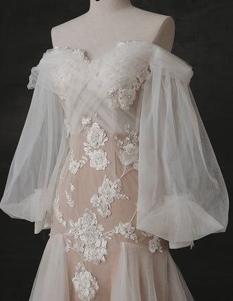 Elegant Mermaid White Long Sleeves Off the Shoulder Prom Dresses, Wedding Dresses OM0249