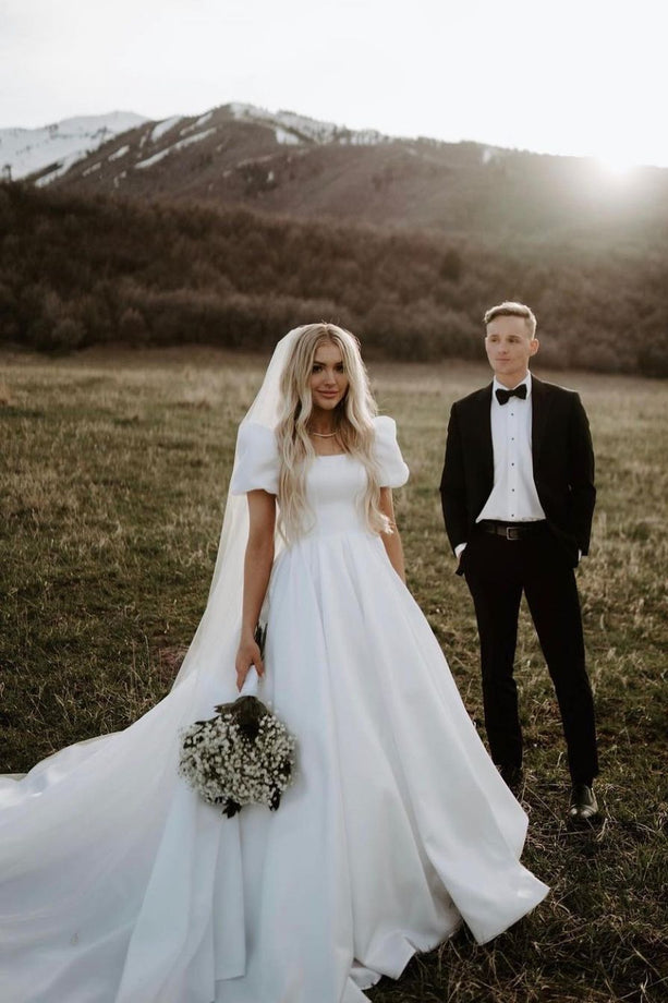 Vintage Ball Gown Square Neck Puff Sleeves Satin Wedding Dress, Outdoor Bridal Gowns trendtydresses Vintage Ball Gown Square Neck Puff Sleeves Satin Wedding Dress, Outdoor Bridal Gowns trendtydresses