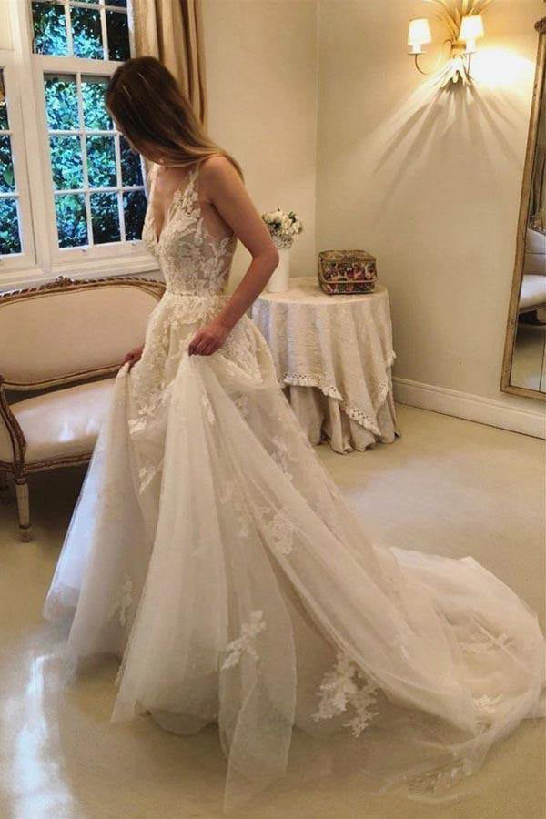 Elegant A line V neck Tulle Straps Wedding Dresses with Appliques, Long Bridal Dresses OW0032