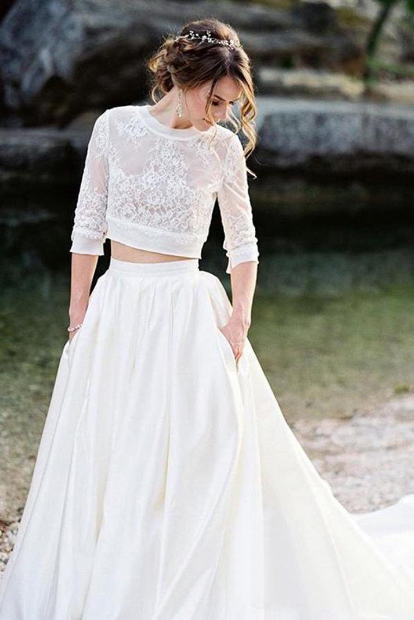 Ivory Lace Top Two Pieces Wedding Dresses Gorgeous  Sweep Train Wedding Gowns With Pockets PDP84