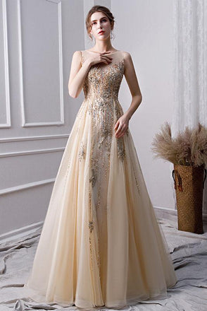 A Line Long Prom Dresses With Beading Formal Evening Gown PDL30
