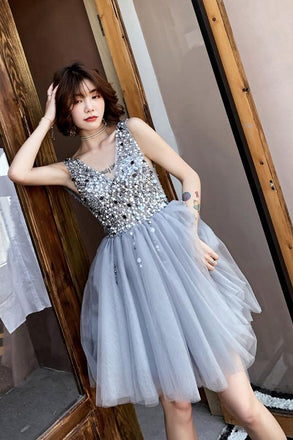 V Neck A Line Beaded Homecoming Dresses, Short Tulle Prom Dress PDN59
