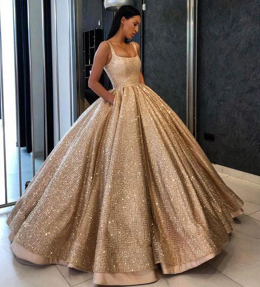 Ball Gown Prom Dresses with Pockets Beads Sequins Gold Quinceanera Dresses OM0007