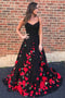 A-Line Spaghetti Straps Black Sweep Train A Line Prom Dress with Flowers PDI74