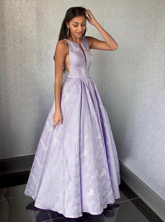 A-Line Floor-Length Lilac Printed Prom Dress, Simple Long Evening Dresses PDJ12