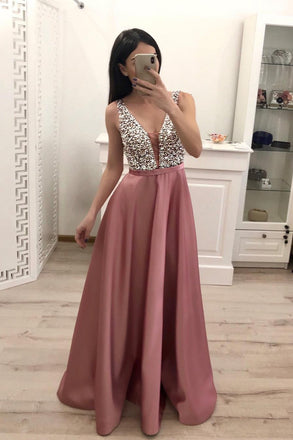 A Line Beading Satin Prom Dresses, V Neck Sleeveless Cheap Prom Dress PDI16