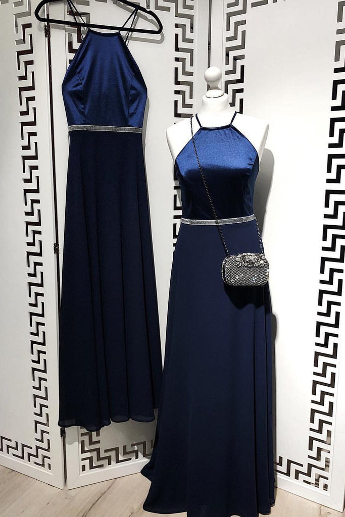 A Line Navy Blue Chiffon Long Prom Dresses,Cheap Party Dresses PDI81