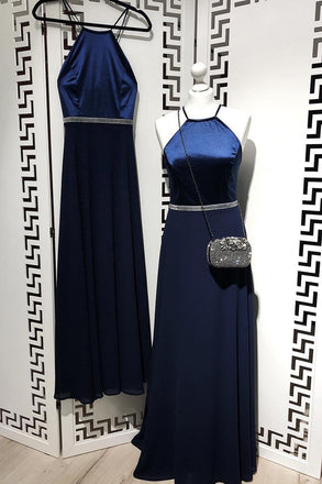 A Line Navy Blue Chiffon Long Prom Dresses,Cheap Party Dresses PDI81