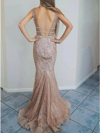Mermaid V-Neck Backless Glitter Formal Evening Prom Dresses PDN5