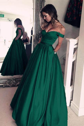 A Line Off The Shoulder Simple Green Long Cheap Prom Dresses With Pockets PDH21
