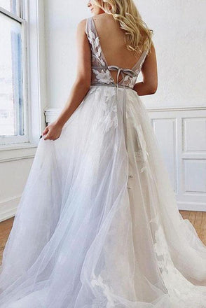 A Line Deep V-Neck Backless White Tulle Prom Dress With Appliques PDQ63
