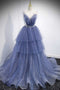 Elegant Blue V Neck Spaghetti Straps Tulle Long Beading Prom Dresses with Layers OM0024