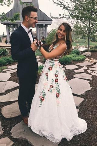 A Line V Neck Flower Appliques Prom Dresses, Long Evening Dresses PDG76