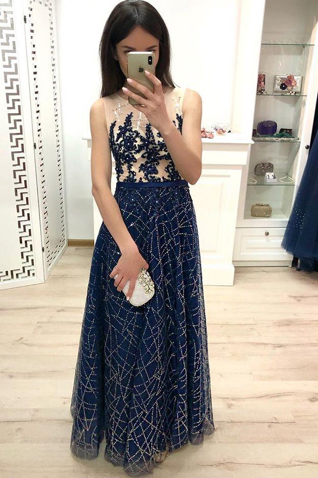 A Line Dark Blue Long Prom Dresses, Sequins Sleeveless Evening Dress PDJ19