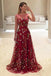 A-Line Bateau Burgundy Floral Lace Long Prom Dresses PDH4