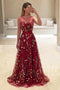 A-Line Bateau Burgundy Floral Lace Long Prom Dresses PDH4