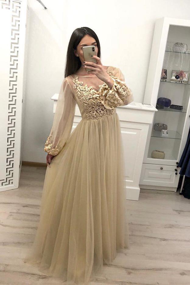 Stunning A Line Long Sleeve Tulle Appliques Prom Dresses PDH59