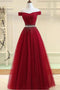 Simple A Line Burgundy Off the Shoulder Lace up Tulle Sweetheart Long Prom Dresses SK11