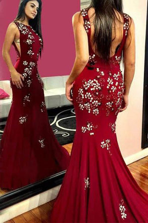 Elegant Burgundy Mermaid Backless Prom Dresses With Appliques PDH22