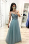 A Line Tulle Floor Length Prom Dresses Beaded Long Evening Dress PDJ22