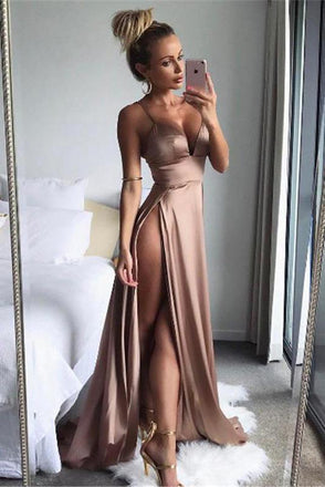 A Line Spaghetti Straps Sexy Slit Prom Dresses. Cheap Long Evening Dress PDJ26