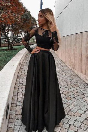 Two Piece Long Sleeve Floor-Length Black Prom Dress with Lace Appliques PDJ13