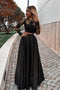 Two Piece Long Sleeve Floor-Length Black Prom Dress with Lace Appliques PDJ13