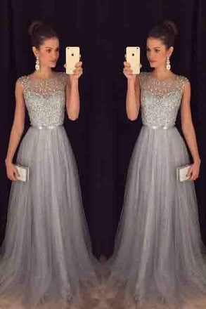 Elegant Gray Tulle Long A Line Prom Dress,Formal Party Dresses PDE94