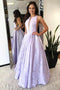 A-Line Floor-Length Lilac Printed Prom Dress, Simple Long Evening Dresses PDJ12