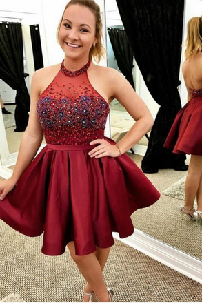 Burgundy Halter Sleeveless Backless A Line Homecoming Dresses PDL81