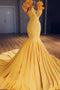 Charming Mermaid V-Neck Sleeveless Yellow Long Prom Dress with Ruffles PDH3