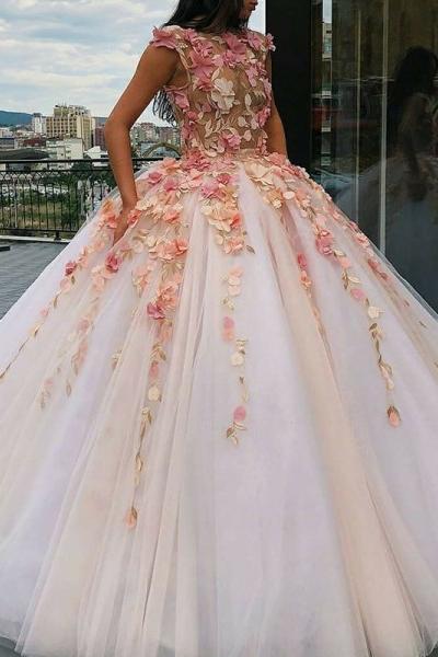 Jewel Tulle Long Cap Sleeves Ball Gown Prom Dress with Flower Appliques PDH10