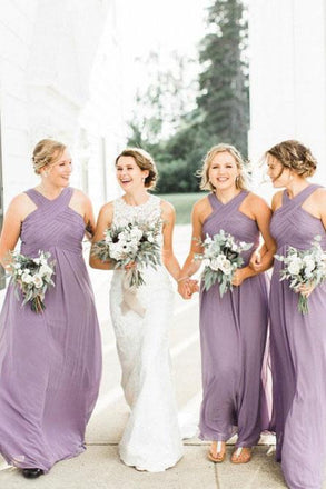 A-Line Floor-Length Lilac Chiffon Pleated Cheap Bridesmaid Dress PDS44