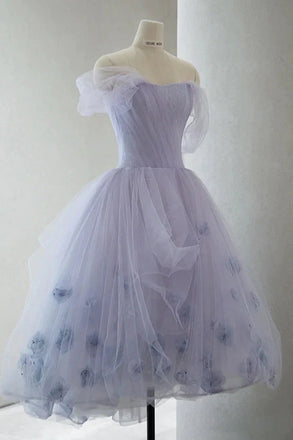 Off the Shoulder Lavender A Line Tulle Short Prom Dresses, Graduation Dresse with Flowers OMH0162