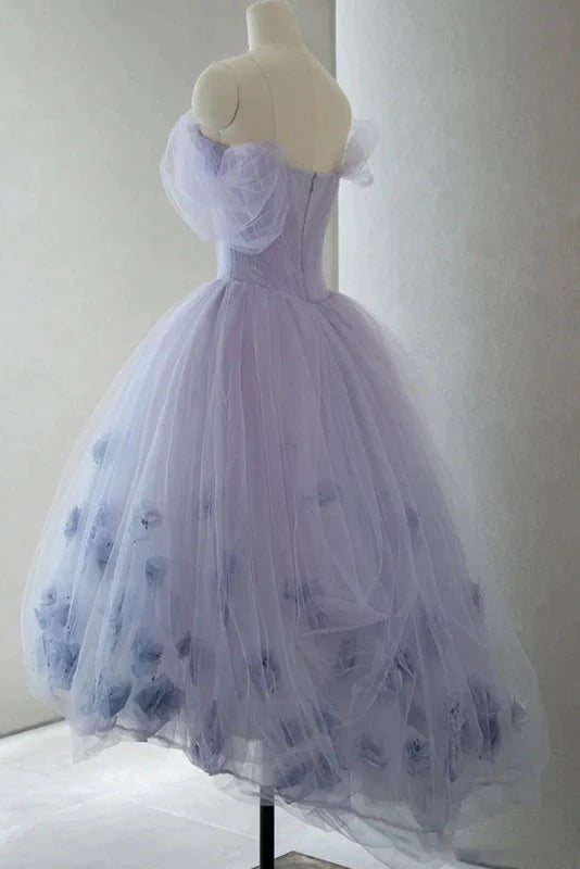 Off the Shoulder Lavender A Line Tulle Short Prom Dresses, Graduation Dresse with Flowers OMH0162