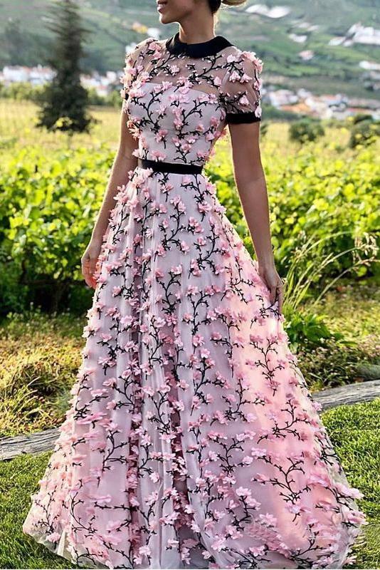 Floral Long Short Sleeves Cheap Prom Dresses with Appliques PDN12