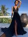 Simple A-line V-neck Long Black Prom Dresses, Evening Dress with Split OM01