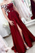 A Line Off the Shoulder Short Sleeves Burgundy Satin Prom Dress With Split PDQ64