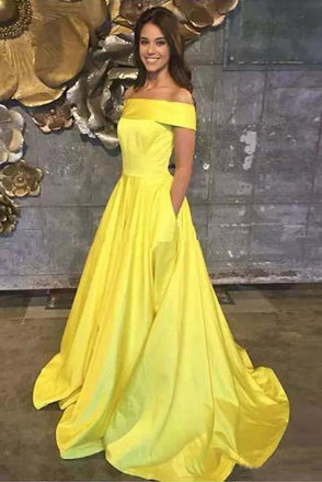 Yellow Off The Shoulder A Line Prom Dress,Long Evening Gown With Pockets PDJ67