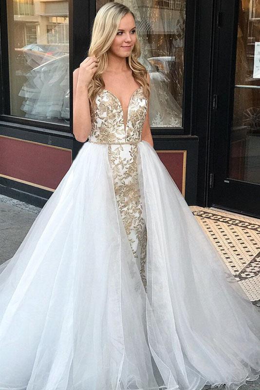 A-Line Spaghetti Straps Floor Length White Detachable Train Prom Dress with Appliques PDQ65