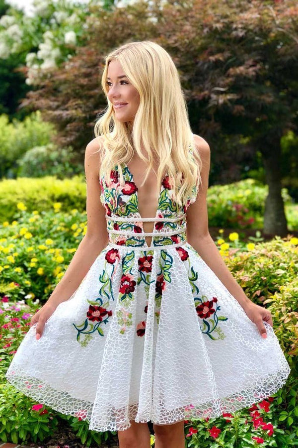 lace floral homecoming dress Blush Floral Lace Homecoming Dress Puffed Sleeve Tea-Length Dress hc321 Custom Colors / 26W