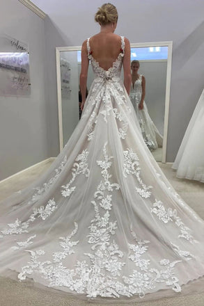 Plunging A Line V Neck Straps Lace Appliqeus Tulle Wedding Dresses, Backless Bridal Dress OW0101