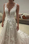 Plunging A Line V Neck Straps Lace Appliqeus Tulle Wedding Dresses, Backless Bridal Dress OW0101