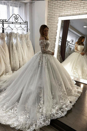 Gorgeous Ball Gown Lace Appliques Wedding Dress With Long Sleeves, Tulle Bridal Gown OW0106