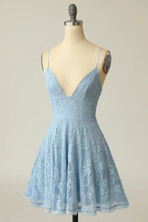 A Line Lace Blue Spaghetti Straps V neck Homecoming Dress, Cocktail Dresses OMH0138