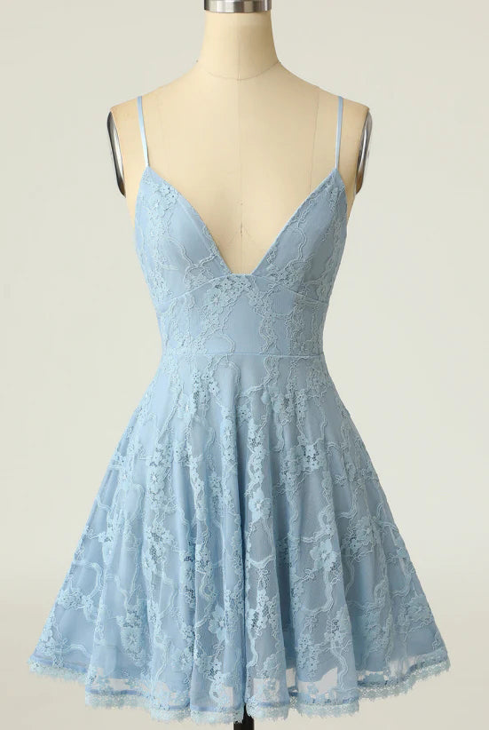 A Line Lace Blue Spaghetti Straps V neck Homecoming Dress, Cocktail Dresses OMH0138